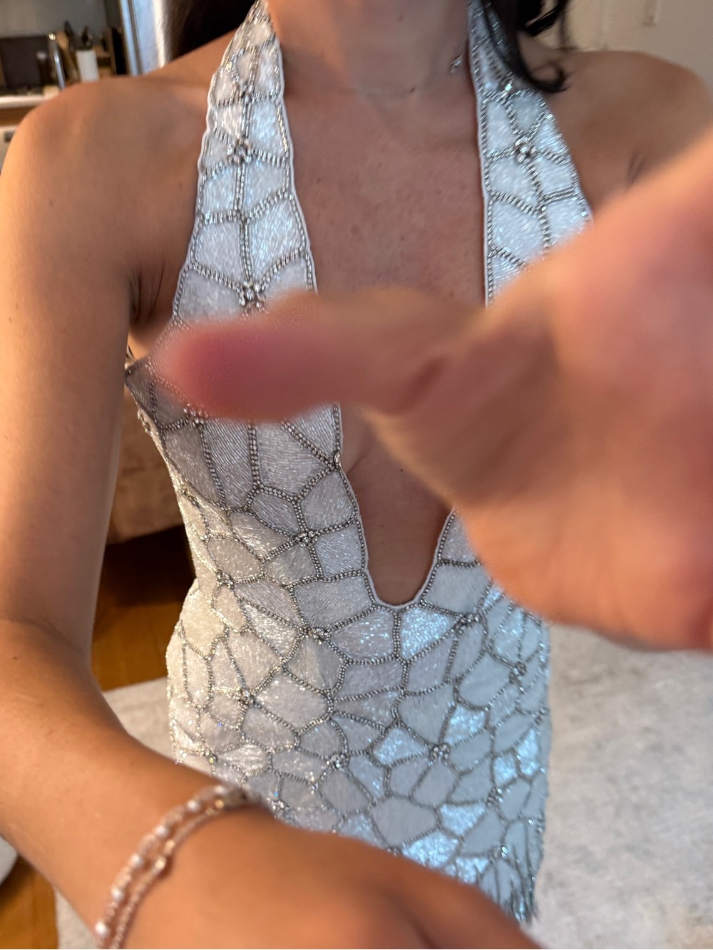 Rosie Etienne  NATALIA Dress Hand-beaded plunging halter silver/ white dress - Picture 10 of 10